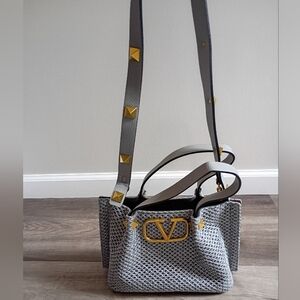 Women's Grey Gold Studded Faux Leather Straw Raffia Designer Inspired Handbag